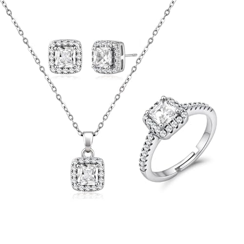 Halo Cubic Zirconia Jewelry Set for Women, Square CZ Stud Earrings Pendant Necklace Adjustable Ring, Silver Simulated Diamond Jewelry for Wedding/Birthday/Prom/Christmas