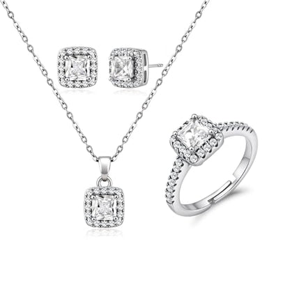 Halo Cubic Zirconia Jewelry Set for Women, Square CZ Stud Earrings Pendant Necklace Adjustable Ring, Silver Simulated Diamond Jewelry for Wedding/Birthday/Prom/Christmas