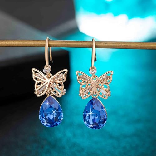 Austrian Crystal Teardrop Butterfly Drop Dangle Earrings for Women 14K Rose Gold Plated Hypoallergenic Jewelry - color: Bermuda Blue