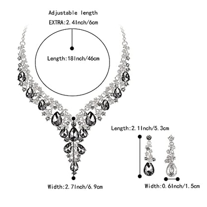 Wedding Bridal Necklace Earrings Jewelry Set for Women | Gorgeous Austrian Crystal Teardrop Flower Cluster for Bridal Bride Bridesmaid - color: 2Pcs-Grey Silver-Tone