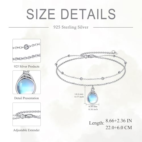 POPLYKE Frog/Pearl/Dragonfly/Ladybug/Highland Cow/Pearl/Moonstone Anklets Sterling Silver Double Layered Chain Beach Anklets for Women Foot Jewelry - style: Moonstone