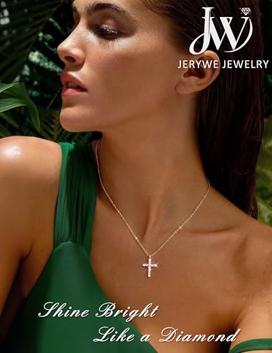 JeryWe 925 Sterling Silver Cross Necklace for Women Dainty Gold/White Gold Plated Necklace for Women Non Tarnish Cubic Zircon Cross Pendant Necklaces Christian Baptism Religious Faith Jewelry Gift - color: 14K Gold Plated