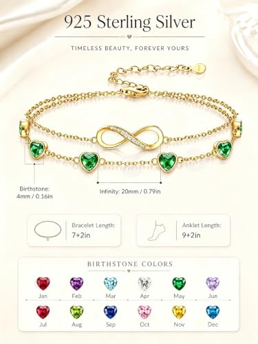 Prismata Infinity Birthstone Charm Link Bracelet/Anklet 925 Sterling Silver Adjustable 12 Months Birthstone Infinity Bracelet/Anklet Birthday Jewelry Gifts for Women Her - color: 05-May, size: 9‘+2’ Anklet-18K Gold Plated