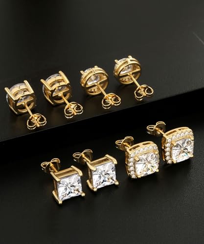 Zankulas Cubic Zirconia Stud Earrings for Women Mens Earrings Hypoallergenic Square CZ Studs Set - color: Gold