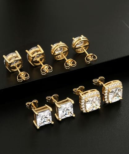 Zankulas Cubic Zirconia Stud Earrings for Women Mens Earrings Hypoallergenic Square CZ Studs Set - color: Gold