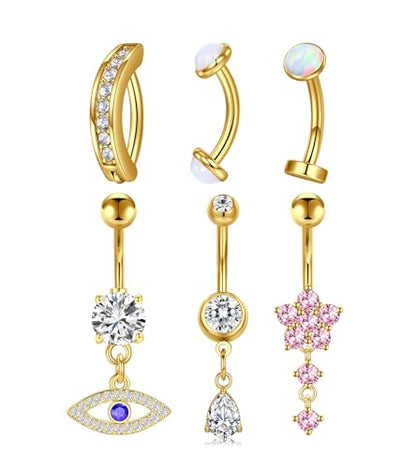 QWALIT Belly Button Rings 14G Surgical Steel Belly Rings CZ Opal Navel Piercing Jewelry for Women Girls 3/8" 10mm Silver Rose Gold - color: G2- Mix 6pcs - gold
