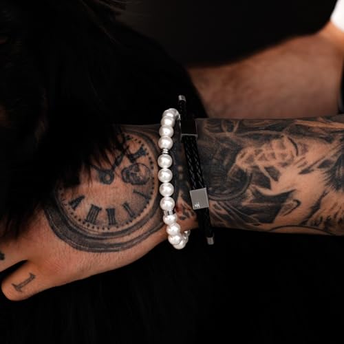 Forge & Foundry Marlow Men's Adjustable 8mm Shell Pearl (Man-Made) Bracelet | Design-Led Artisan Jewellery from London | Small, Medium, Large and Adjustable Sizing Options, 8mm Size, Size Adjustable | - color: Stainless stee, size: Large