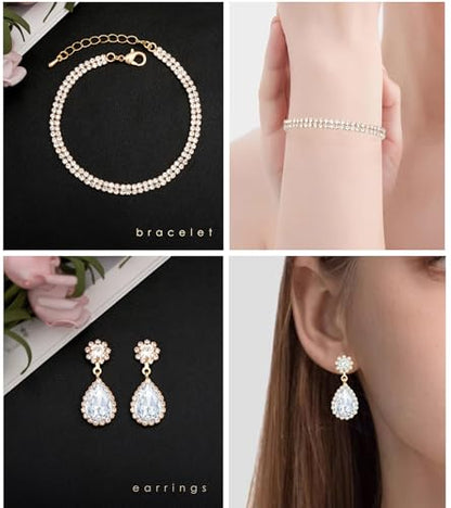 Elegant Silver Crystal Wedding Necklace Earrings Bracelet Jewelry Set for Women Brides Bridesmaids Prom Party Costume Accessory Bridal Jewelry - color: gold tone-white