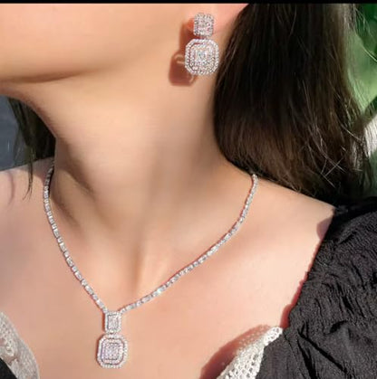 Cubic Zirconia Double Halo Pendant Necklace and Drop Earrings Jewelry Set, Silver-Tone, Baguette Cut