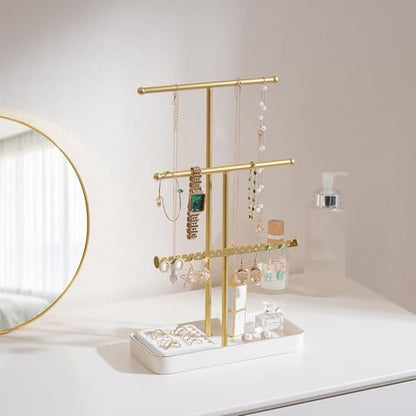 Lolalet Jewelry Necklace Holder with Ceramic Base, 14.2" Gold Jewelry Display Stand with Velvet Ring Tray Jewellery Organizer for Necklaces Bracelets Earrings