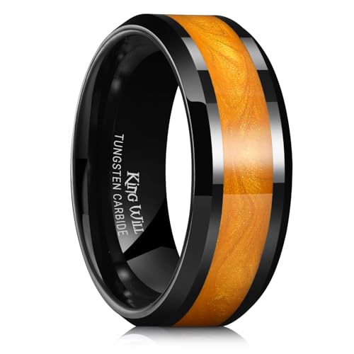 King Will Mens Galaxy Tungsten Wedding Band | 6mm/8mm, Beveled Edge, Comfort Fit, Durable, Sandstone Opal Inlay Polished, Everyday Wear - color: Black&Orange