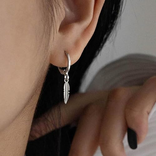 Feather Hoop Dangle Earrings Silver Huggie Hoop Earrings Small Feather Leaf Drop Earring Vintage Metal Tiny Leaf Earring Jewelry for Women