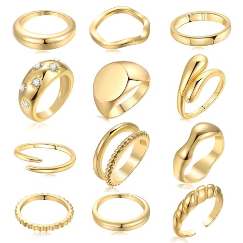 FAXHION 12PCS Gold Stackable Rings Set for Women, 18K Gold Plated Open Stacking Knuckle Ring, Adjustable Chunky Signet Band Statement Ring for Gift - color: 4-ringsGold