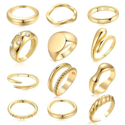 FAXHION 12PCS Gold Stackable Rings Set for Women, 18K Gold Plated Open Stacking Knuckle Ring, Adjustable Chunky Signet Band Statement Ring for Gift - color: 4-ringsGold