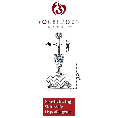 Forbidden Body Jewelry Surgical Steel CZ Jeweled Zodiac Sign Dangle Belly Button Ring - style: Aquarius