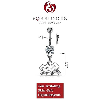 Forbidden Body Jewelry Surgical Steel CZ Jeweled Zodiac Sign Dangle Belly Button Ring - style: Aquarius
