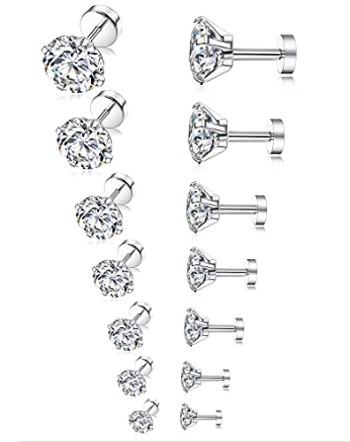 7 Pairs 18G 20G Stainless Steel Stud Earrings Round Cubic Zirconia Barbell Earring Set For Men Women 2MM-8MM Silver Tone - style: E:7 Pairs,Flat Backs,18G