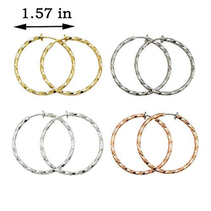 LAXPICOL Twisted Clip On Earrings 4PCS Different Color Gold Silver Black Rose 1.18IN .57IN .96IN .36IN Hoop Earrings Clip On Earrings for Women No Piercing - color: 1.57in