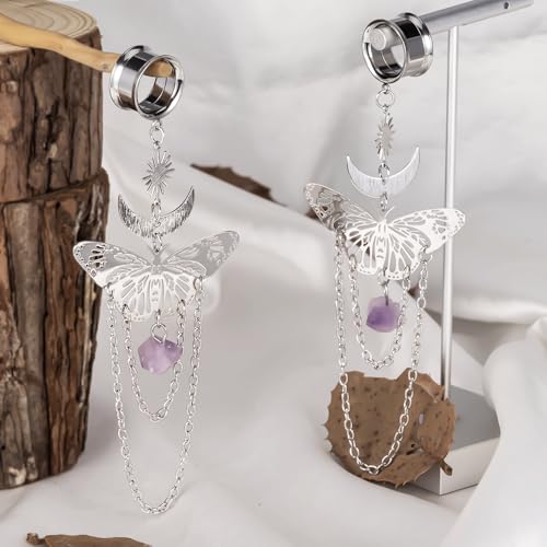 DOEARKO 2PCS New Butterfly-Pendant Hypoallergenic Stainless Steel Dangle Ear Plugs Tunnels Ear Gauges Stretcher Pair Selling 2g 0g Piercing Body Jewelry - color: Silver, size: 10mm