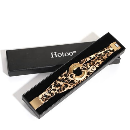 hotoo Circle Charm Bracelets for Women Handmade Leather Wrap Bracelets for Couples Friendship Bracelet Bohemian Cuff Bangle Boho Jewelry Gift - color: Light leopard