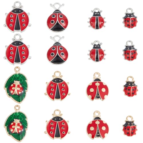 SUNNYCLUE 32PCS 8 STYLES Ladybug Charms Bulk Insect Charm Enamel Lucky Red Ladybird Ladybugs Insect Leaf Beetles Animals Charm Bulk for Jewelry Making Charms Earrings Necklace Bracelets Diy Crafts