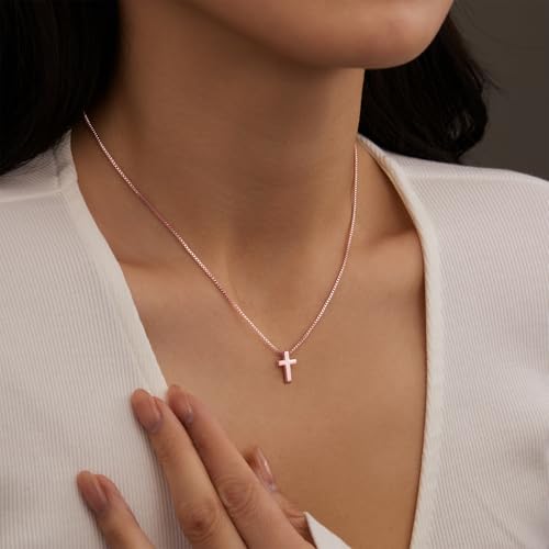 Poxtex Cross Necklace for Women Teen Girls, Dainty 14K Gold Silver Plated Cross Choker Jewelry Non Tarnish Waterproof Cute Simple Small Necklace Christian Baptism Religious Faith Jewelry Gifts - color: 01 Tiny Cross -Rose Gold