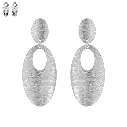 Rosemarie & Jubalee Women's Stunning Grooved Textured Metal Elongated Oval Hoop Statement Clip On Earring, 2.75" - color: Silver Tone