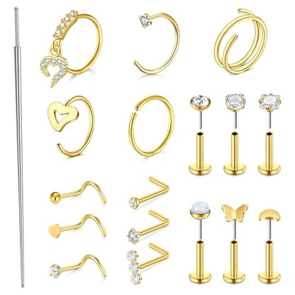 Longita 20g Nose Rings Hoop L Shape Nose Studs Stainless Steel Nose Screw Bone Flat Top Diamond Opal Heart High Nostril Piercing Jewelry Silver Rose Gold Black Pack for Women Men - color: 42-20g- gold