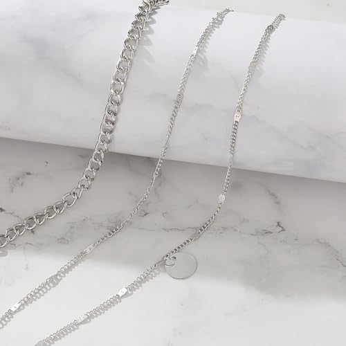 3Pcs Gold Circle Pendant Necklace Set Dainty Layered Stacked Pearls Chain Choker Necklace Trendy Birthday Jewelry Accessory Gift for Women - color: Silver Coin