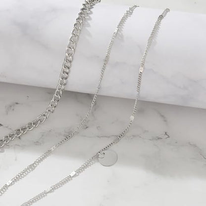3Pcs Gold Circle Pendant Necklace Set Dainty Layered Stacked Pearls Chain Choker Necklace Trendy Birthday Jewelry Accessory Gift for Women - color: Silver Coin
