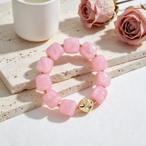 Chunky Beaded Bracelet for Women-Boho Bold Acrylic Resin Stretch Bracelets Trendy Summer Beach Elastic Bangle Vacation Jewelry Accessories - color: Style 2-Pink