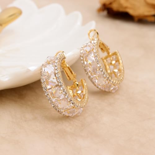 Sonateomber Gold Chunky Crystal Hoop Earrings for Women, Trendy Statement Sparkly CZ Rhinestone Thick Open Hoops Earings Hypoallergenic Wedding Prom Everyday Accessories Fashion Jewelry Gift - color: Gold CZ