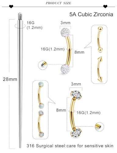 16G Eyebrow Ring Piercing Jewelry Surgical Steel CZ Opal Ball Spike Curved Barbell Vertical Labret Lip Ring Rook Daith Earrings Belly Button Ring Piercing Jewelry for Women Men 6MM 8MM 10MM - color: Gold, size: 16G, 8mm Length