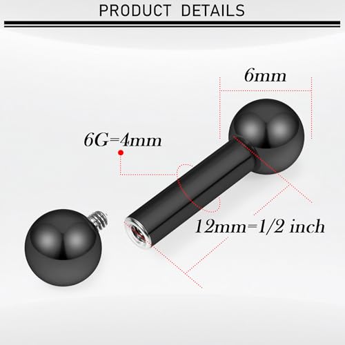 16G-00G Tongue Rings Nipple Piercings Internally Threaded Straight Barbell 316L Surgical Steel Body Piercing Jewelry for Women Men Black silver 12mm 14mm 16mm 19mm Bars Length - color: Black, size: 6G(4mm)-12mm barbells-6mm Balls