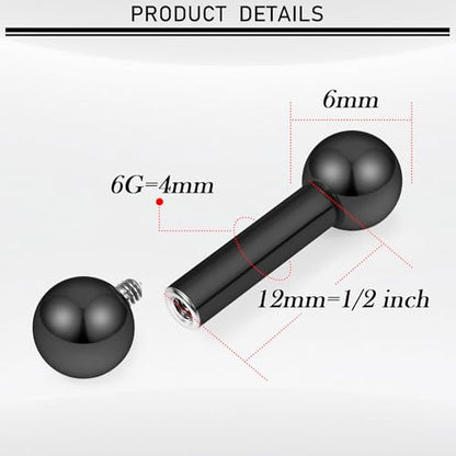 16G-00G Tongue Rings Nipple Piercings Internally Threaded Straight Barbell 316L Surgical Steel Body Piercing Jewelry for Women Men Black silver 12mm 14mm 16mm 19mm Bars Length - color: Black, size: 6G(4mm)-12mm barbells-6mm Balls