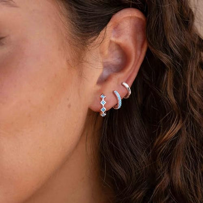 3 Pairs Mini Hoop Earrings Set Turquoise Cubic Zirconia Huggie Hoop Cartilage Earring Ear Cuff for Women (Turquoise/CZ) - color: *Turquoise-E