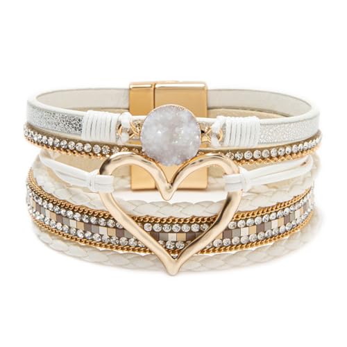 Rantanto Leather Wrap Bracelets For Women Gold Twist Lock Buckle Wrist Cuff | PU leather,Skin-friendly,Boho Stackable Wristband,Fashion Daily Jewelry,Trend Casual Party Bangle,Fit For Birthday, Holiday - color: Heart White