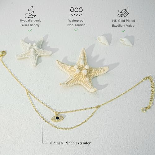 Bheop Ankle Bracelets for Women 14K Gold Silver Plated Waterproof Anklets | Evil Eye Pearl Heart Conch Shell Charm, Boho Adjustable Foot Chain, Dainty Summer Beach Jewelry Gifts, Non Tarnish - color: GD-Layered Evil Eye