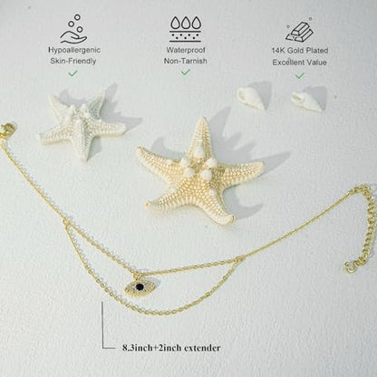 Bheop Ankle Bracelets for Women 14K Gold Silver Plated Waterproof Anklets | Evil Eye Pearl Heart Conch Shell Charm, Boho Adjustable Foot Chain, Dainty Summer Beach Jewelry Gifts, Non Tarnish - color: GD-Layered Evil Eye