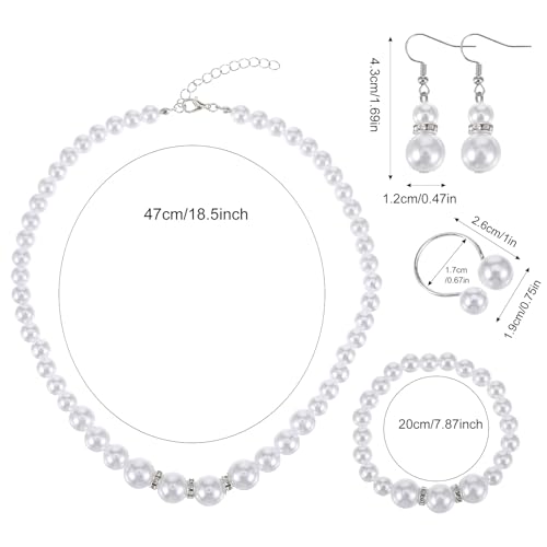 4 Pcs Big Pearl Necklace and Earring Set, White Jewelry Sets for Women, Elegant Bracelet Ring Collection, Classic Costume Jewelry for Wedding Bridesmaid Party Daily Wear