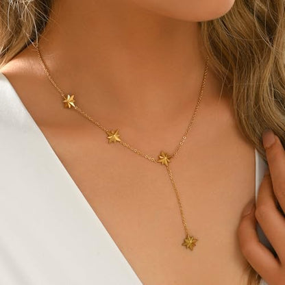 Dainty Y-Shaped Lariat CZ Drop Charm Pendant Necklaces for Women - color: Star-GD