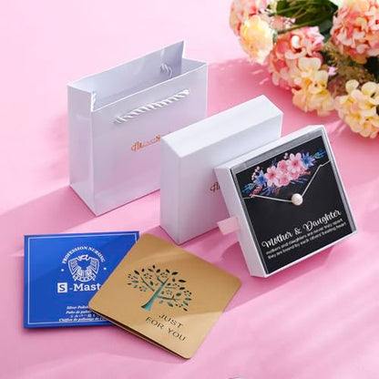 Mother Daughter Pearl Necklace for Women 925 Sterling Silver Box Chain 8mm White Pearl Pendant Necklace Birthday Christmas Gift for Mom