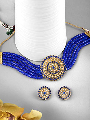 Aheli Pearl Diamond Choker Necklace & Round Earrings Gift for Women Indian Traditional Bollywood Fashion Bharatanatyam jewellery set - color: Blue & White