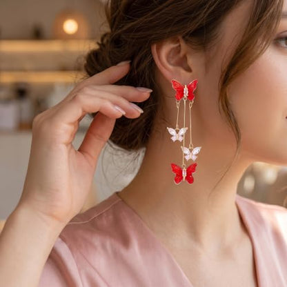 Purple Butterfly Tassel Earrings for Women Crystal Rhinestone Drop Earrings Animal Drop Dangle Charm Earrings - color: E- Red