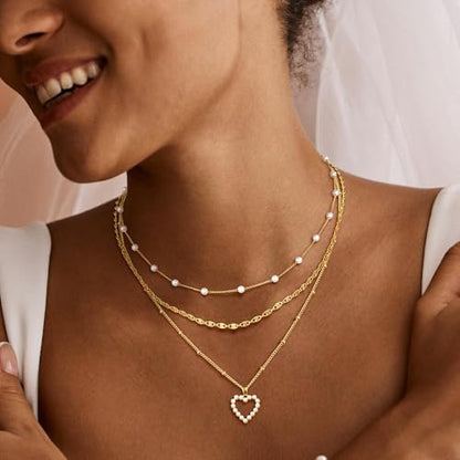 MFRYK Gold Necklaces for Women,14K Gold/Silver Plated Choker Layered Necklace Dainty Pearl Disc Cross Circle Heart Pendant Chain Stackable Necklaces, Multilayer Jewelry Set Gifts for Women - style: 3Layered Preal Heart-GD