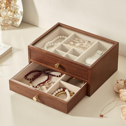 Black Walnut Wooden Jewelry Box for Women, 2 Layer | Large Jewelry Organizer Box, For Necklaces, Watch, Ring, Earring Storage, Ideal Gift - style: 2 Layer B