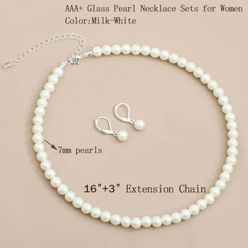 S SUSANN Costume Layered Twisted Gold Pearl Necklace Choker Chunky Glass Statement Pearl Necklace and Earring set, good gift for women Faux pearl necklace set - style: 7MM Silver Milk White Pearl