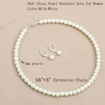 S SUSANN Costume Layered Twisted Gold Pearl Necklace Choker Chunky Glass Statement Pearl Necklace and Earring set, good gift for women Faux pearl necklace set - style: 7MM Silver Milk White Pearl