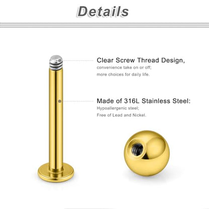 20G 18G 16G 14G 12G Lip Labret Medusa Monroe Rings Studs 316L Surgical Steel Flat Back Tragus Helix Cartilage Earring Stud Piercing Jewelry Bar Length 8mm 10mm 12mm Mix Color 18PCS - color: Gold, size: 16G(1.2mm)-8/10/12mm Bars-3mm Balls