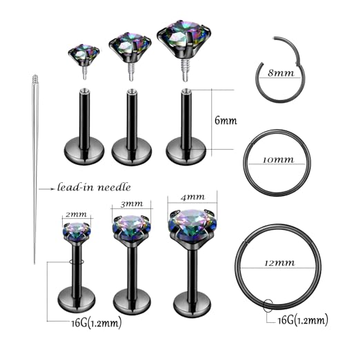 16G 18G Surgical Steel Internal Thread Stud Piercing Jewelry Set Nose Medusa Lip Labret Stud Hypoallergenic Clicker Hoop Septum Rings Cartilage Tragus Helix Conch Earrings for Women Men - color: 16G-6mm-black